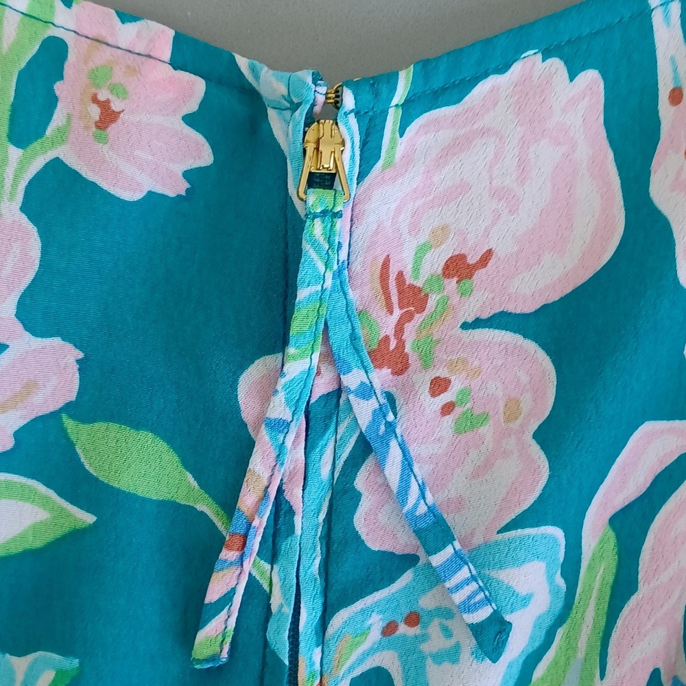 Lilly Pulitzer Teal Floral Tiered Maxi Dress Puff Sleeve Smocked Cuff Size 10 - Picture 8 of 11